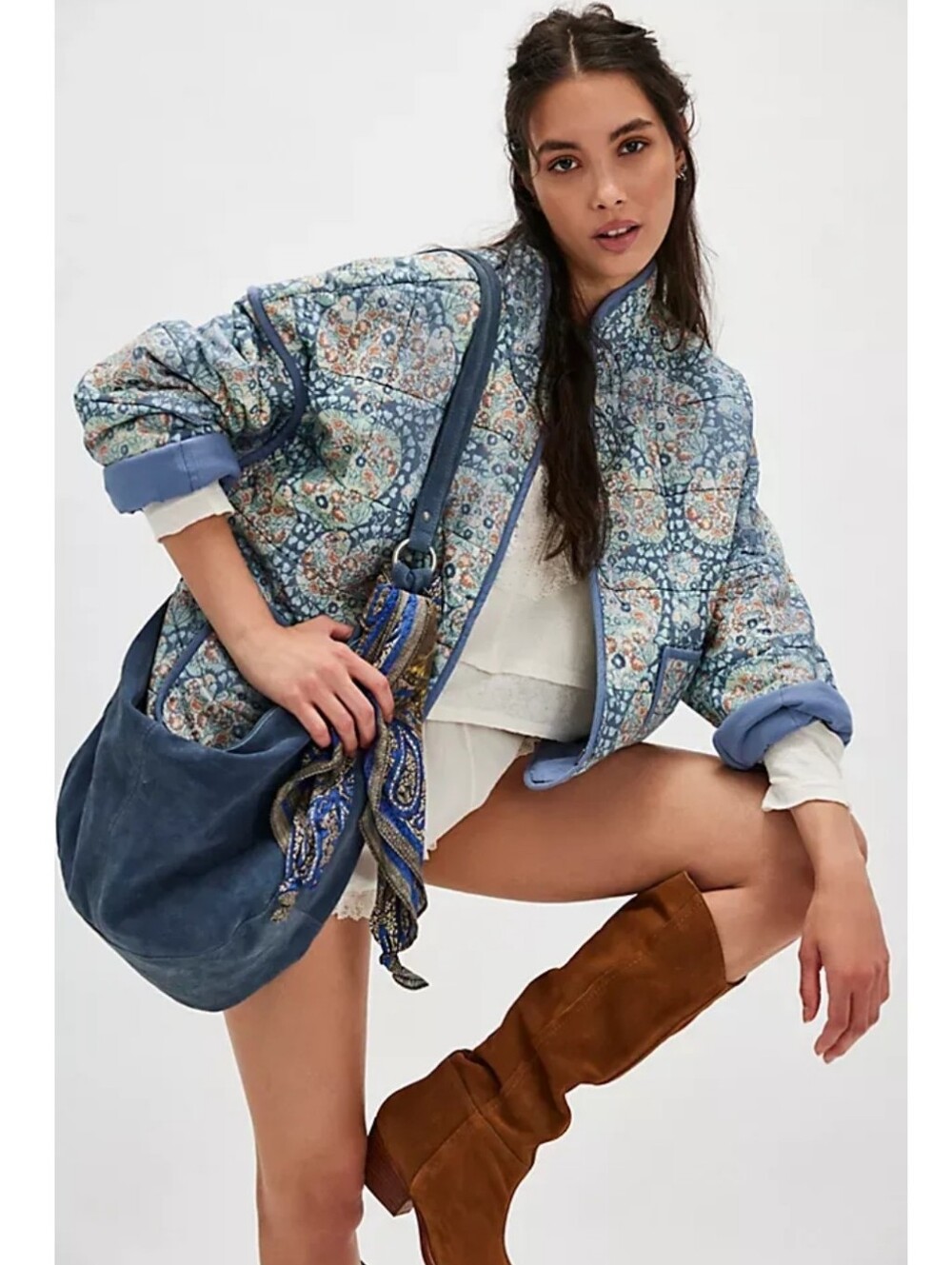 FREE PEOPLE Chloe Quilted Jacket In Patchwork Blue Blogger Fave